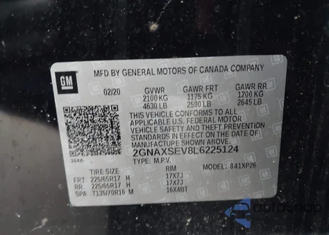 2020 Chevrolet Equinox Awd Ls from USA, damaged, VIN 2GNAXSEV8L6225124